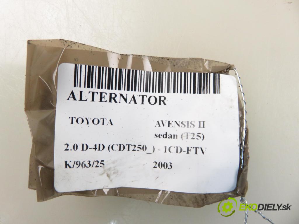 TOYOTA AVENSIS sedan (_T25_) SEDAN 2003 85,00 2.0 D-CAT 116- 1CD-FTV 1995,00 Alternátor 1042103431 (Alternátory)