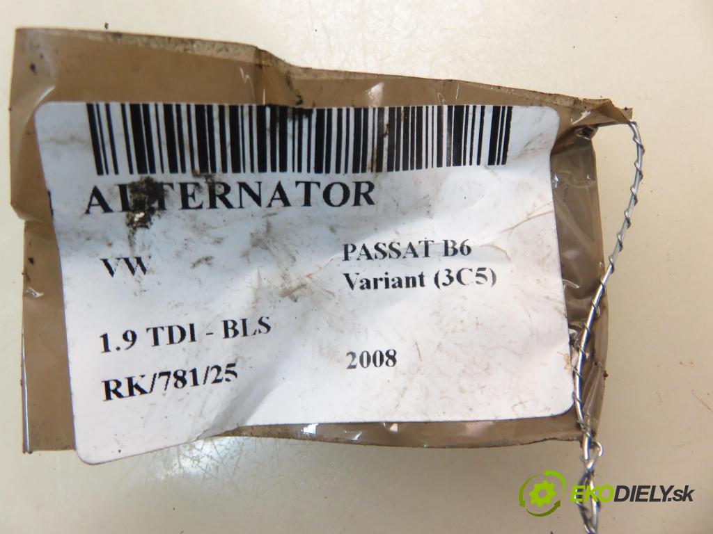 VW PASSAT B6 Variant (3C5) KOMBI 2008 77,00 1.9 TDI - BLS 1896,00 Alternátor 03G903023 ; 0121715003 (Alternátor)