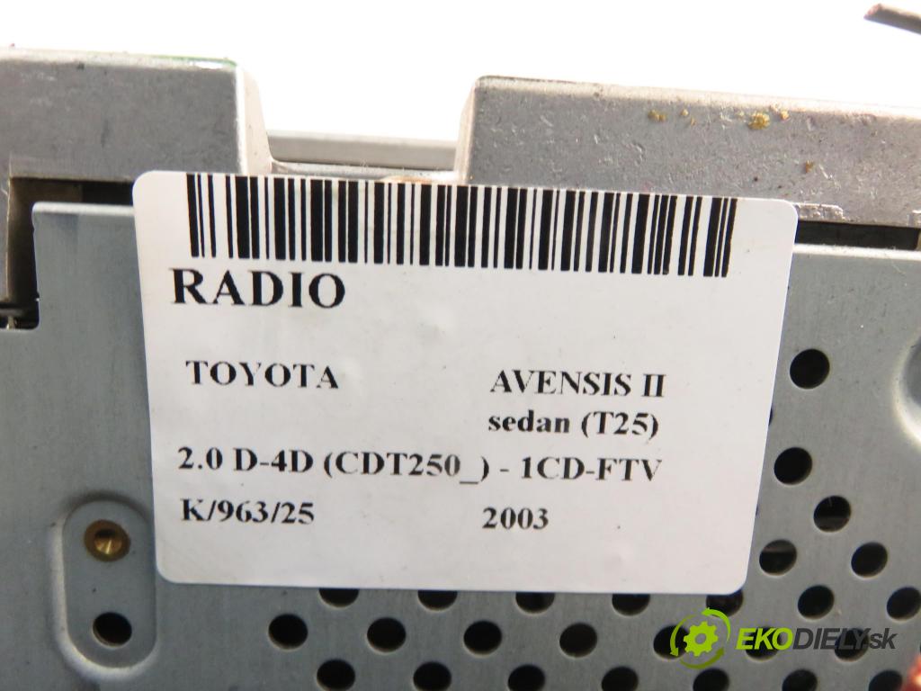 TOYOTA AVENSIS sedan (_T25_) SEDAN 2003 85,00 2.0 D-CAT 116- 1CD-FTV 1995,00 RADIO CD 8612005080 ; 5590205050F
