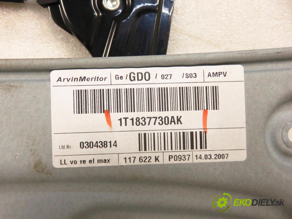 VW TOURAN (1T1, 1T2) MINIVAN 2007 125,00 2.0 TDI - BMN 1968,00 mechanismus oken PPE 1T1837730AK ; 1K0959792K