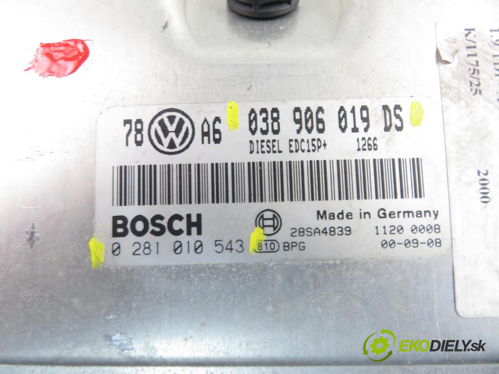 VW PASSAT B5.5 (3B3) SEDAN 2000 96,00 1.9 TDI PD 130 - AVF 1896,00 Riadiaca jednotka Motor 038906019DS ; 0281010543