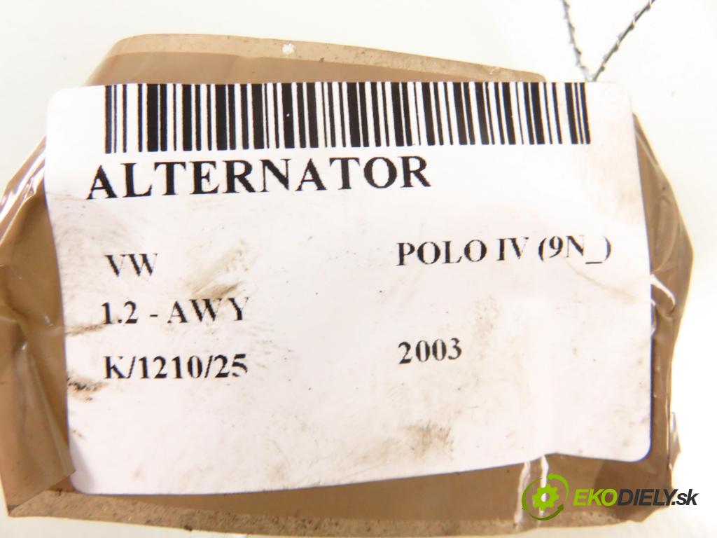 VW POLO (9N_) HB 2003 40,00 1.2 6V 54 - AWY 1198,00 Alternátor 03D903025J ; SG9B057 (Alternátor)