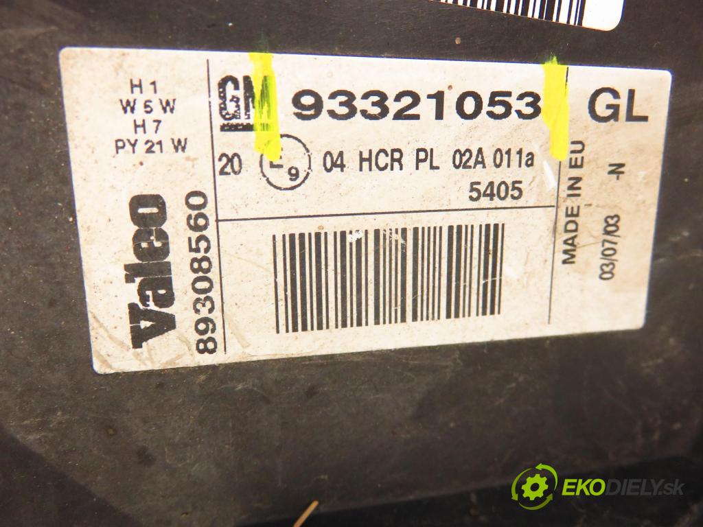 OPEL MERIVA A nadwozie wielkoprzestrzenne (MPV) (X03) HB 2003 64,00 1.6 - Z 16 SE 1598,00 Svetlo PP 93321053