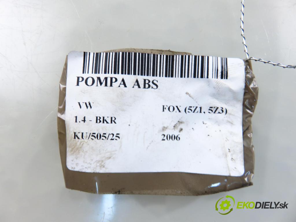 VW FOX (5Z1, 5Z3) HB 2006 55,00 1.4 - BKR 1390,00 Pumpa ABS 5Z0907379B ; 0265950427 (Pumpa ABS)