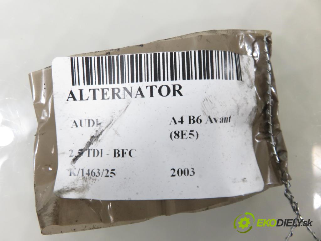 AUDI A4 Avant (8E5, B6) KOMBI 2003 120,00 2.5 V6 TDI 163 - BFC 2496,00 Alternátor  (Alternátor)