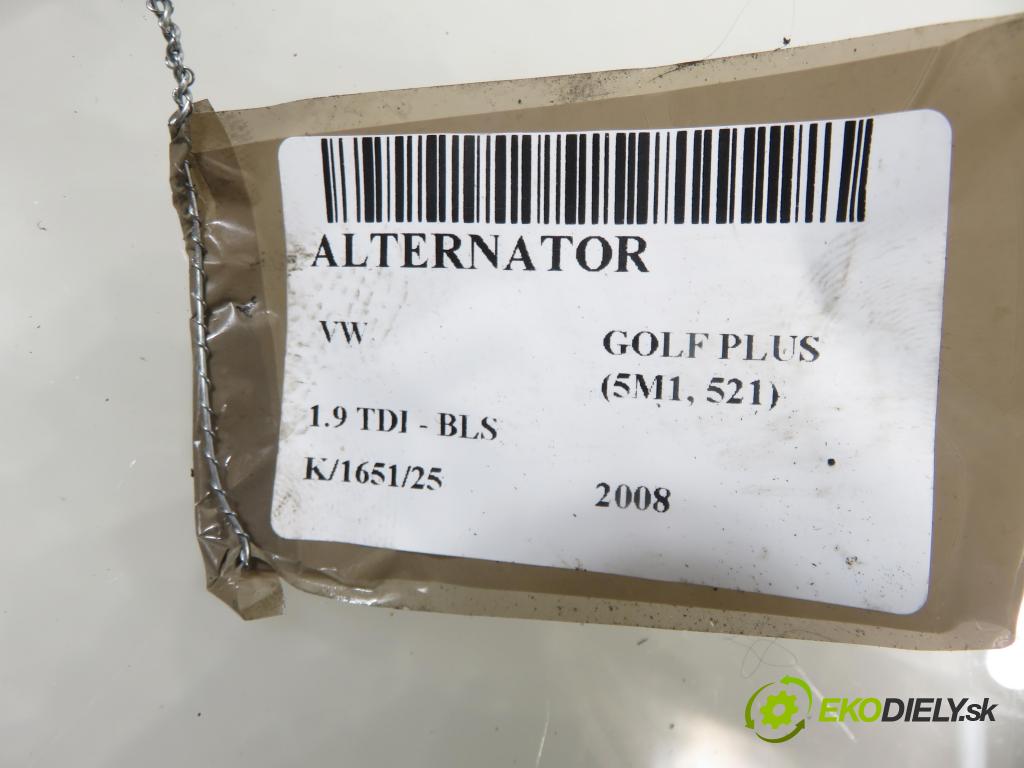 VW GOLF PLUS (5M1, 521) HB 2008 77,00 1.9 TDI - BLS 1896,00 Alternátor 06F903023F (Alternátor)