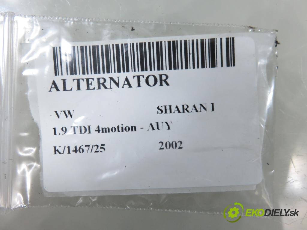VW SHARAN (7M8, 7M9, 7M6) MINIVAN 2002 85,00 1.9 TDI PD 115 4motion - AUY 1896,00 Alternátor 038903018QX (Alternátor)