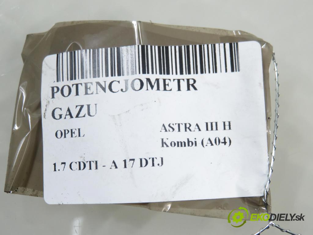 OPEL ASTRA H Kombi (A04) KOMBI 2007 81,00 1.7 CDTI - A 17 DTJ 1686,00 Potenciometer plynu 9157998BK ; 6PV00811200 (Potenciometer plynového pedálu)