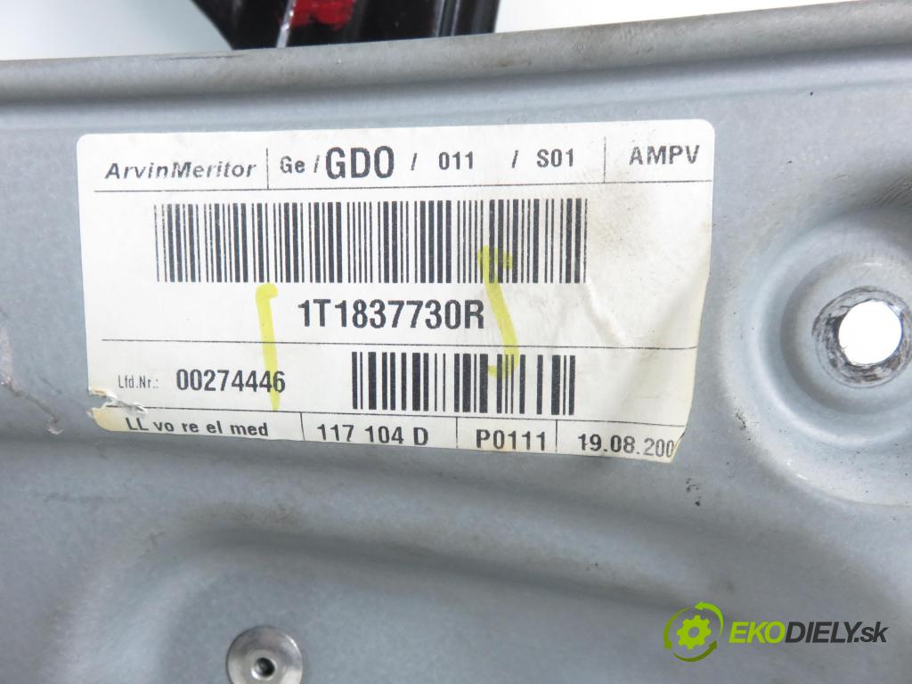 VW TOURAN (1T1, 1T2) MINIVAN 2005 75,00 1.6 - BGU 1595,00 mechanismus oken PPE 1K0959792C ; 1T1837730R
