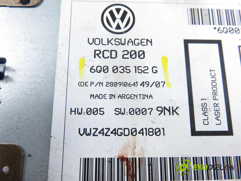 VW POLO (9N_) HB 2008 59,00 1.4 TDI - BNV 1422,00 RADIO CD 6Q0035152G