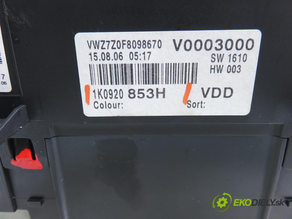 VW GOLF V (1K1) HB 2007 77,00 1.9 TDI - BXE 1896,00 prístrojovka elektrický 1K0920853H