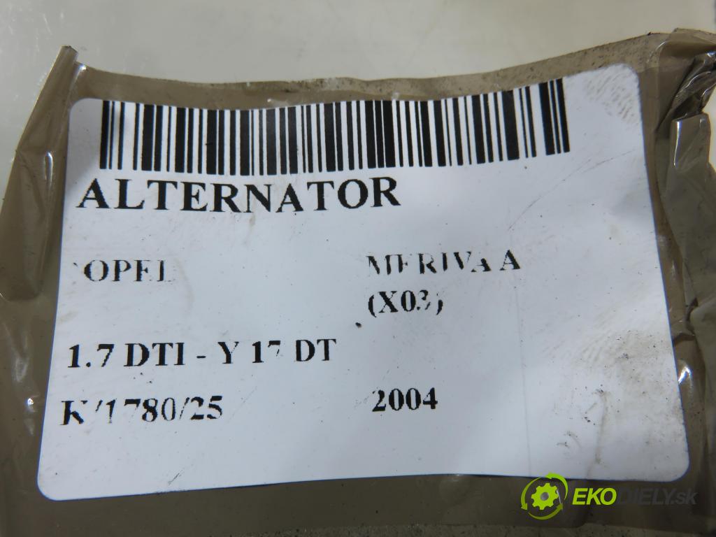 OPEL MERIVA A nadwozie wielkoprzestrzenne (MPV) (X03) MINIVAN 2004 55,00 1.7 DTI 75 - Y 17 DT 1686,00 Alternátor A2003 (Alternátor)