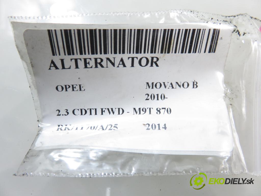 OPEL MOVANO B Platforma / podwozie (X62) FURGON 2014 81,00 2.3 CDTI FWD - M9T 870 2299,00 Alternátor A3224 (Alternátor)