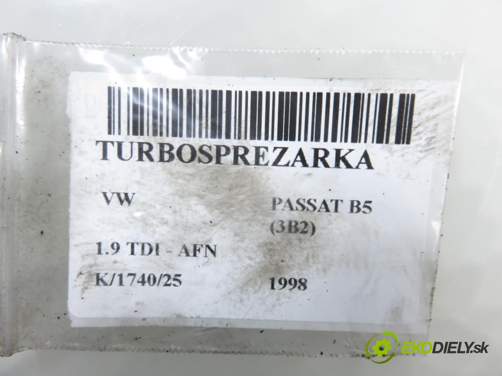 VW PASSAT B5 (3B2) SEDAN 1998 81,00 1.9 TDI 110 - AFN 1896,00 RYCHLONABÍJEČKA: 028145702H (Kompletní turbodmychadlo)