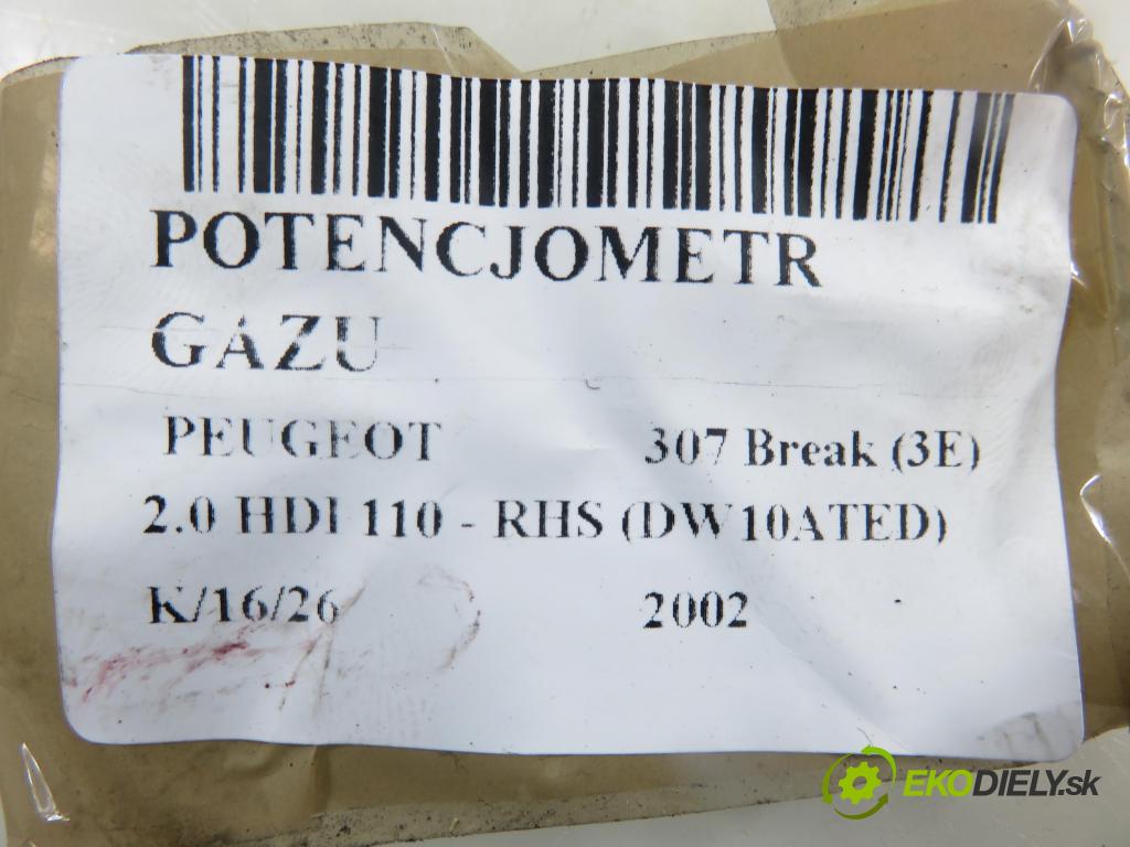 PEUGEOT 307 Break (3E) KOMBI 2002 79,00 2.0 HDI 110 - RHS (DW10ATED) 1997,00 Potenciometer plynu 0280752251 ; 9646702180 (Potenciometer plynového pedálu)