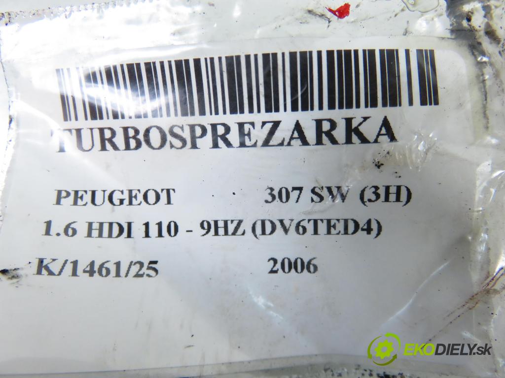 PEUGEOT 307 SW (3H) KOMBI 2006 80,00 1.6 HDI 110 - 9HZ (DV6TED4) 1560,00 Turbodúchadlo 9663199280 (Turbodúchadlo (kompletné))