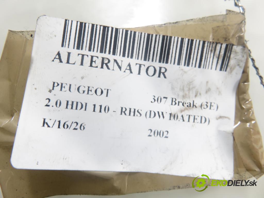 PEUGEOT 307 Break (3E) KOMBI 2002 79,00 2.0 HDI 110 - RHS (DW10ATED) 1997,00 Alternátor 9646321880 ; 0124525035 (Alternátor)