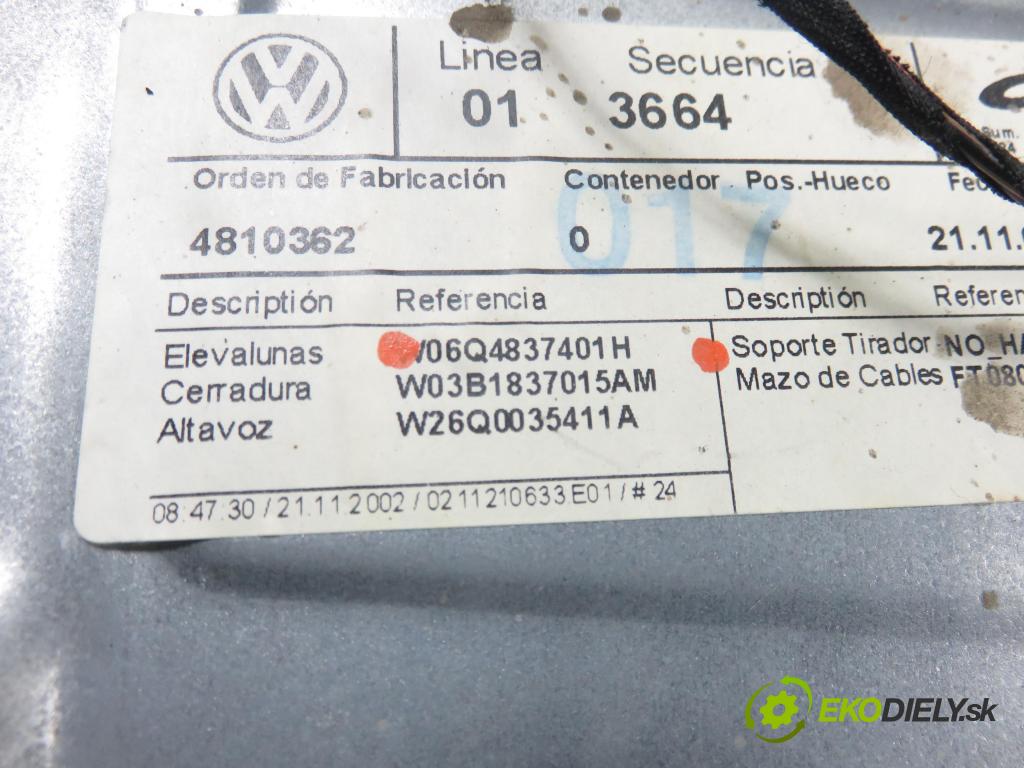VW POLO (9N_) HB 2002 55,00 1.4 TDI PD 75 - AMF 1422,00 Mechanizmus okien 6Q4837401H ; 6Q2959802A