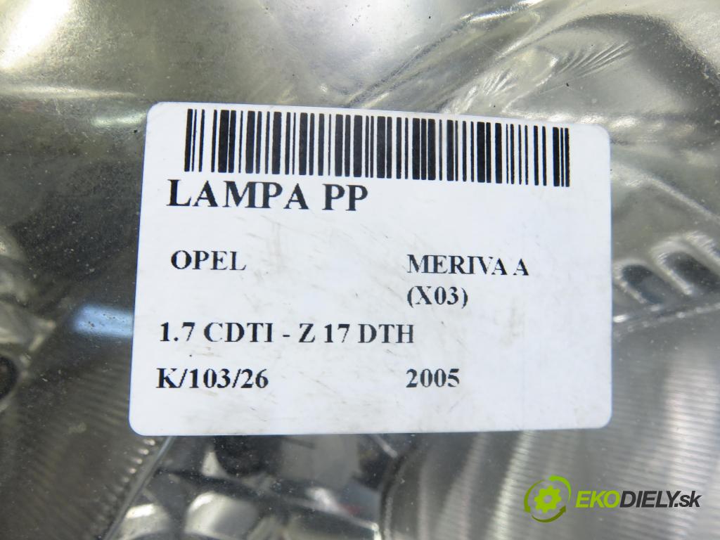 OPEL MERIVA A nadwozie wielkoprzestrzenne (MPV) (X03) HB 2005 74,00 1.7 CDTI 100 - Z 17 DTH 1686,00 Svetlo PP 93321053