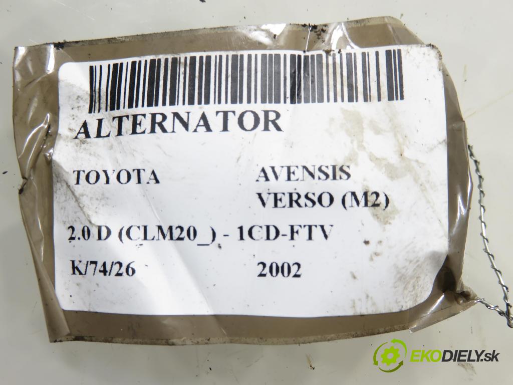 TOYOTA AVENSIS VERSO (_M2_) MINIVAN 2002 85,00 2.0 D (CLM20_) - 1CD-FTV 1995,00 Alternátor 2706027040 ; 1042103050 (Alternátor)