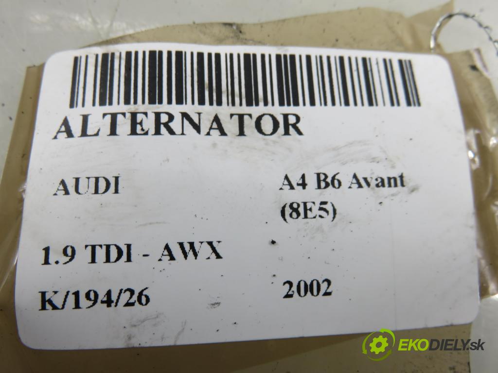 AUDI A4 Avant (8E5, B6) KOMBI 2002 96,00 1.9 TDI - AWX 1896,00 Alternátor 028903029Q ; 0124525010 (Alternátor)