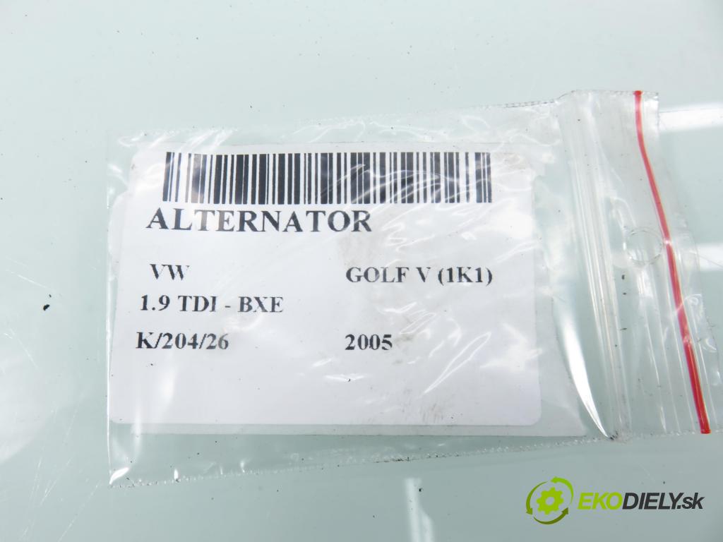 VW GOLF V (1K1) HB 2005 77,00 1.9 TDI - BXE 1896,00 Alternátor 06F903023F ; 0124525050 (Alternátor)