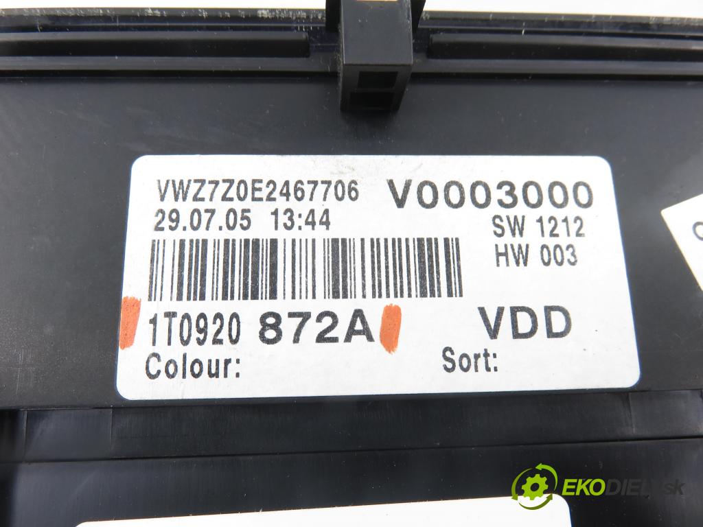 VW TOURAN (1T1, 1T2) MINIVAN 2005 103,00 2.0 TDI 16V 140 - BKD 1968,00 prístrojovka elektrický 1T0920872A ; 110080218023