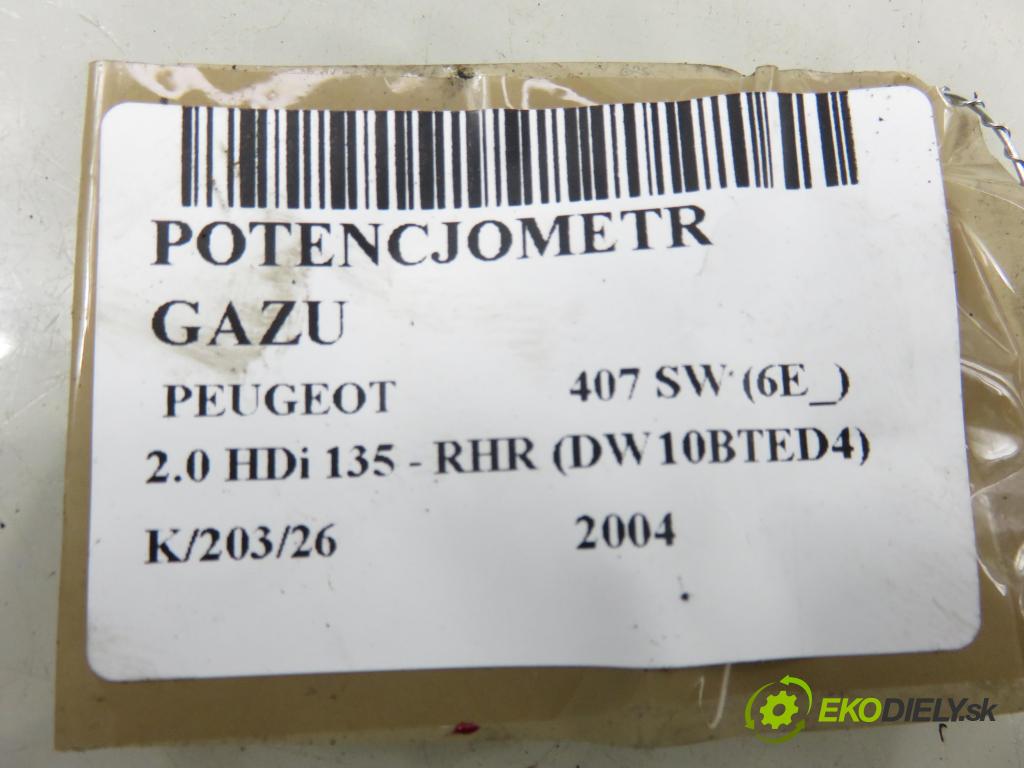 PEUGEOT 407 SW (6E_) KOMBI 2004 100,00 2.0 HDi 135 - RHR 1997,00 Potenciometer plynu 9650341780 ; 0280755012 ; F00C3P2335 (Potenciometer plynového pedálu)