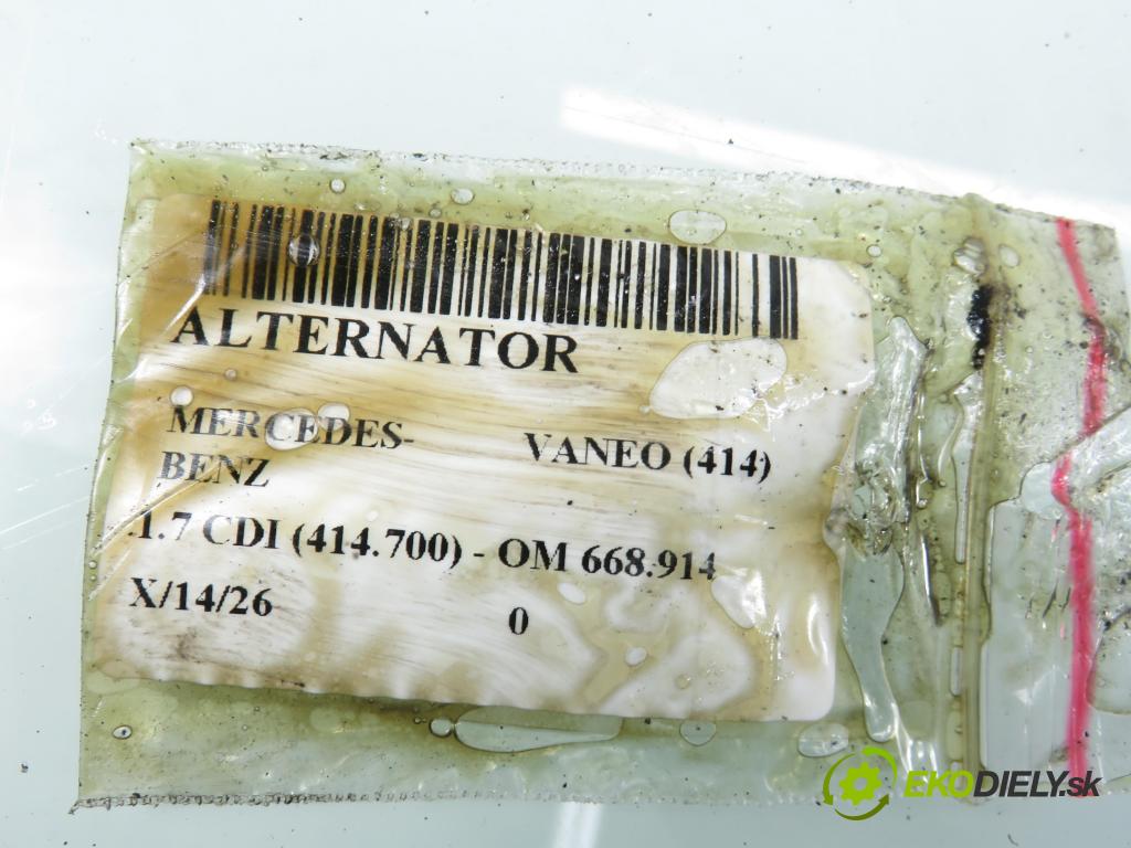 MERCEDES-BENZ VANEO (414) MINIVAN 2002 67,00 1.7 CDI (414.700) - OM 668.914 1689,00 Alternátor A6681540202 (Alternátor)