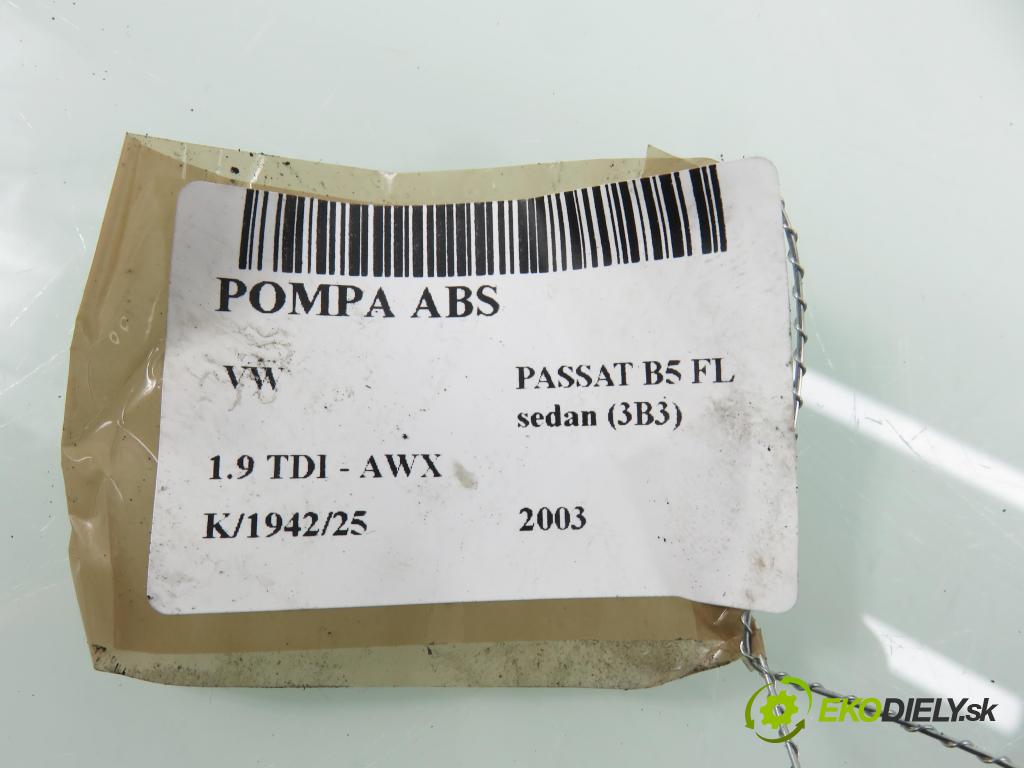 VW PASSAT B5.5 (3B3) SEDAN 2003 96,00 1.9 TDI - AWX 1896,00 Pumpa ABS 0265950055 ; 0265225124 ; 4B0614517G (Pumpa ABS)