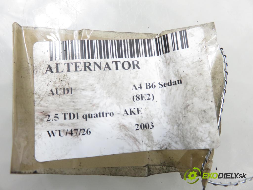AUDI A4 (8E2, B6) SEDAN 2003 132,00 2.5 TDI V6 180 quattro - AKE 2496,00 Alternátor 078903016AB ; 0124525008 (Alternátor)