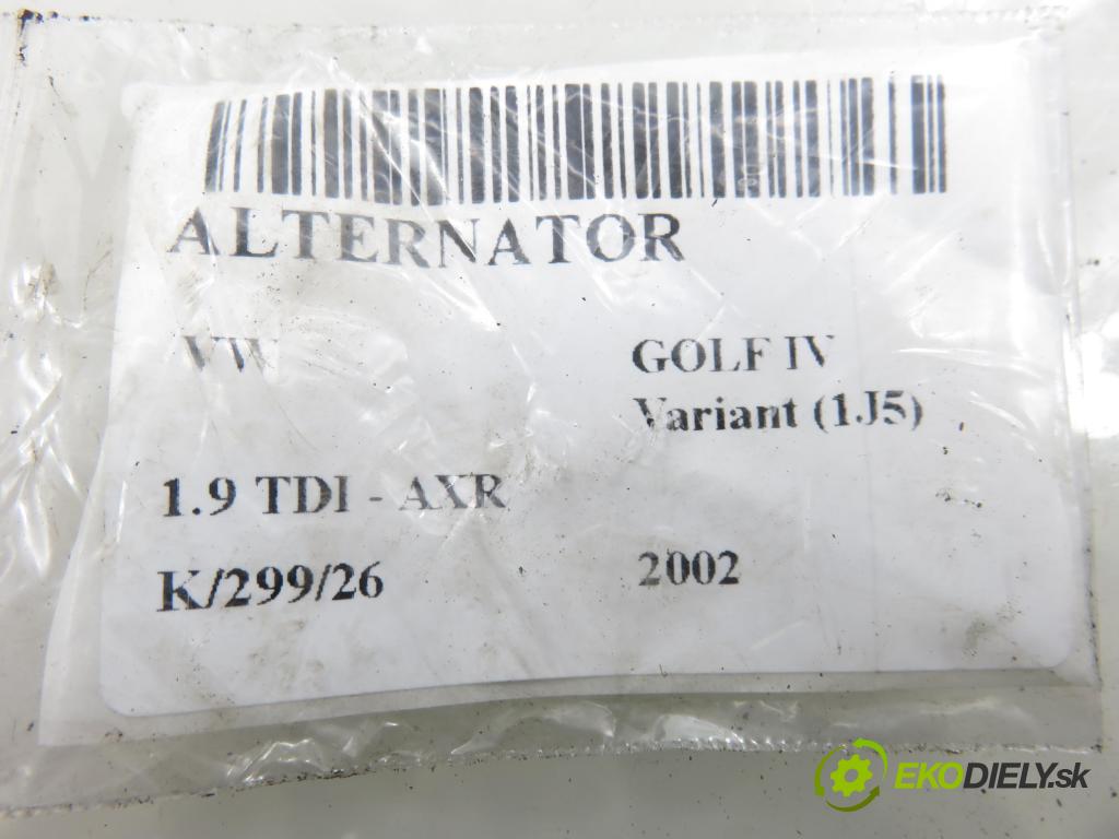 VW GOLF IV Variant (1J5) KOMBI 2002 74,00 1.9 TDI PD 101 - AXR 1896,00 Alternátor 038903024F ; 0124515121 (Alternátor)