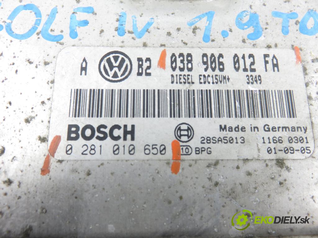 VW GOLF IV (1J1) HB 2001 66,00 1.9 TDI 90 - ALH 1896,00 Riadiaca jednotka Motor 038906012FA ; 0281010650