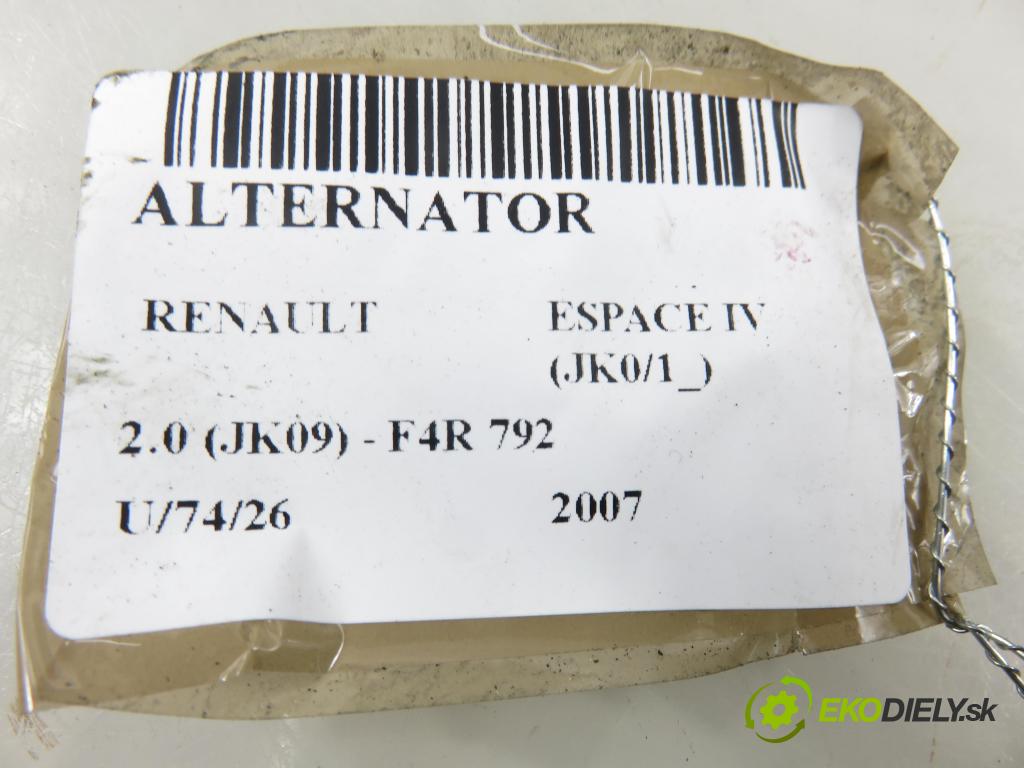 RENAULT ESPACE IV (JK0/1_) MINIVAN 2007 100,00 2.0 (JK09) - F4R 792 1998,00 Alternátor 2549098A (Alternátor)