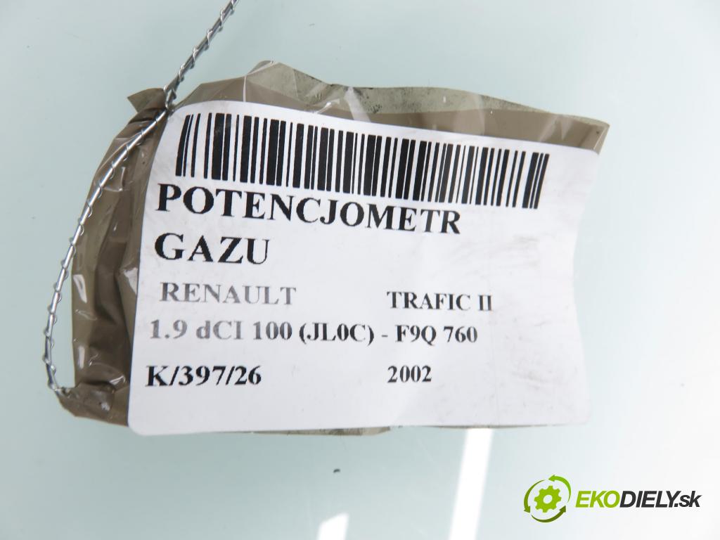 RENAULT TRAFIC II Autobus (JL) BUS 2002 74,00 1.9 dCI 100 (JL0C) - F9Q 760 1870,00 potenciometr plynového pedálu 7700313060 ; 6PV00811914 (Potenciometr plynového pedálu)
