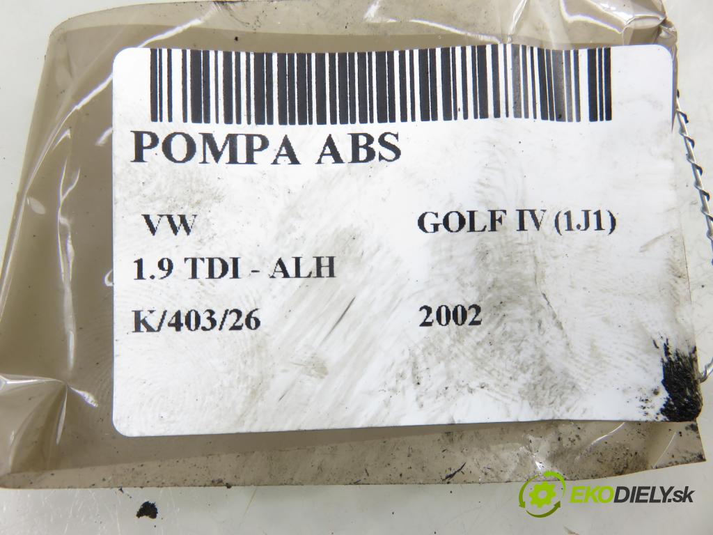 VW GOLF IV (1J1) HB 2002 66,00 1.9 TDI 90 - ALH 1896,00 Pumpa ABS 1C0907379E ; 10096003133 ; 1J0614517E (Pumpa ABS)