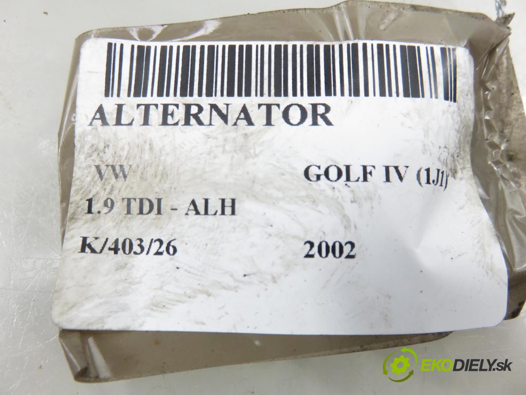 VW GOLF IV (1J1) HB 2002 66,00 1.9 TDI 90 - ALH 1896,00 Alternátor 038903023S (Alternátor)