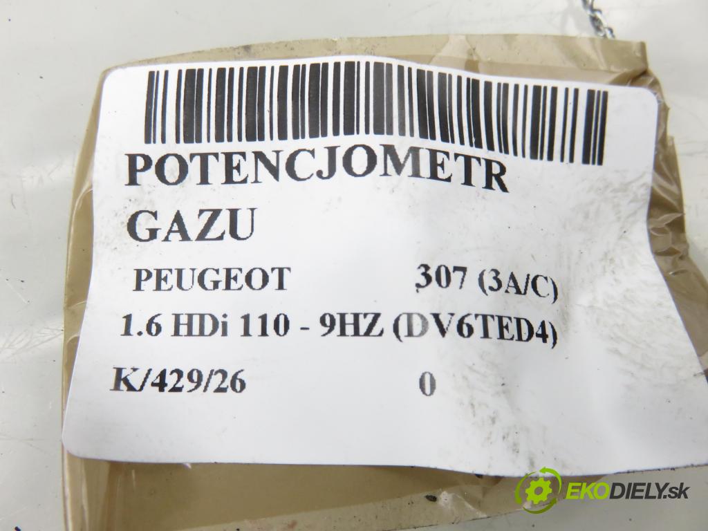 PEUGEOT 307 (3A/C) HB 2005 66,00 1.6 HDi 90 - 9HX (DV6ATED4) 1560,00 potenciometr plynového pedálu 0260752251 ; 9646702180 (Potenciometr plynového pedálu)