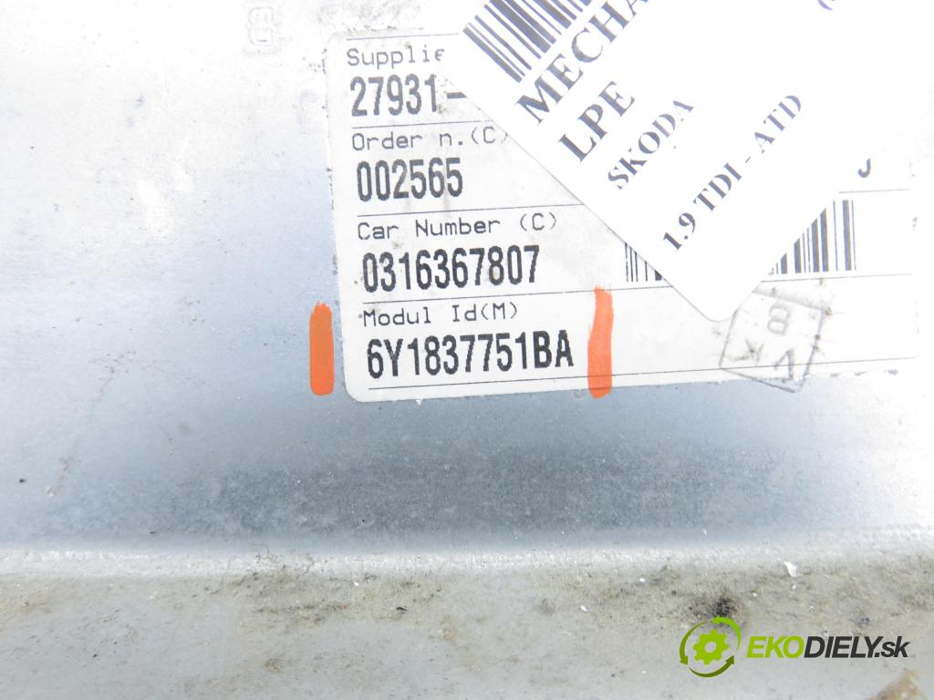 SKODA FABIA I Combi (6Y5) KOMBI 2003 74,00 1.9 TDI - ATD 1896,00 Mechanizmus okien 6Y1837751BA ; 6Q1959801A
