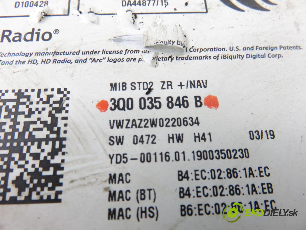 VW GOLF VII Variant (BA5, BV5) KOMBI 2019 850,00 1.6 TDI CR 115 - DGTE 1598,00 CZYTNIK navigace 3Q0035846B (Elektrosoučásti ostatní)
