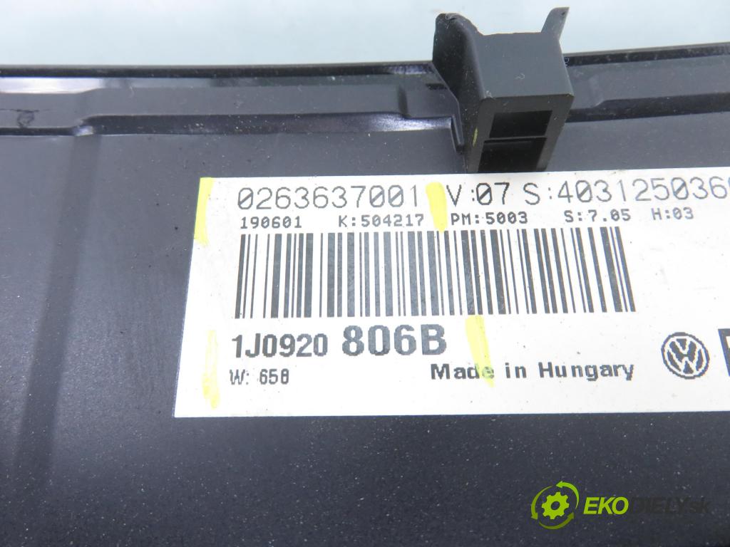 VW GOLF IV (1J1) HB 2002 77,00 1.6 16V 105 - AZD 1598,00 Prístrojovka elektrický 1J0920806B ; 0263637001