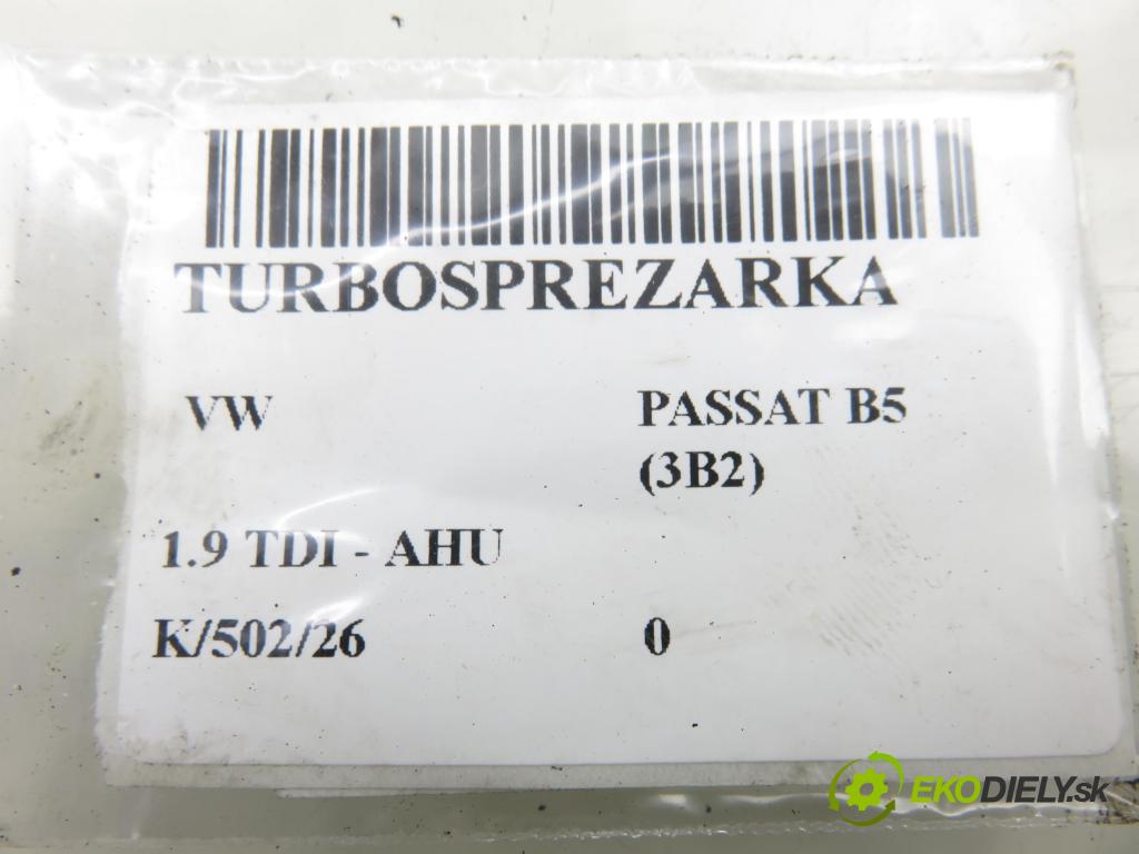 VW PASSAT B5 (3B2) SEDAN 1998 66,00 1.9 TDI 90 - AHU 1896,00 RYCHLONABÍJEČKA: 028145702N (Kompletní turbodmychadlo)