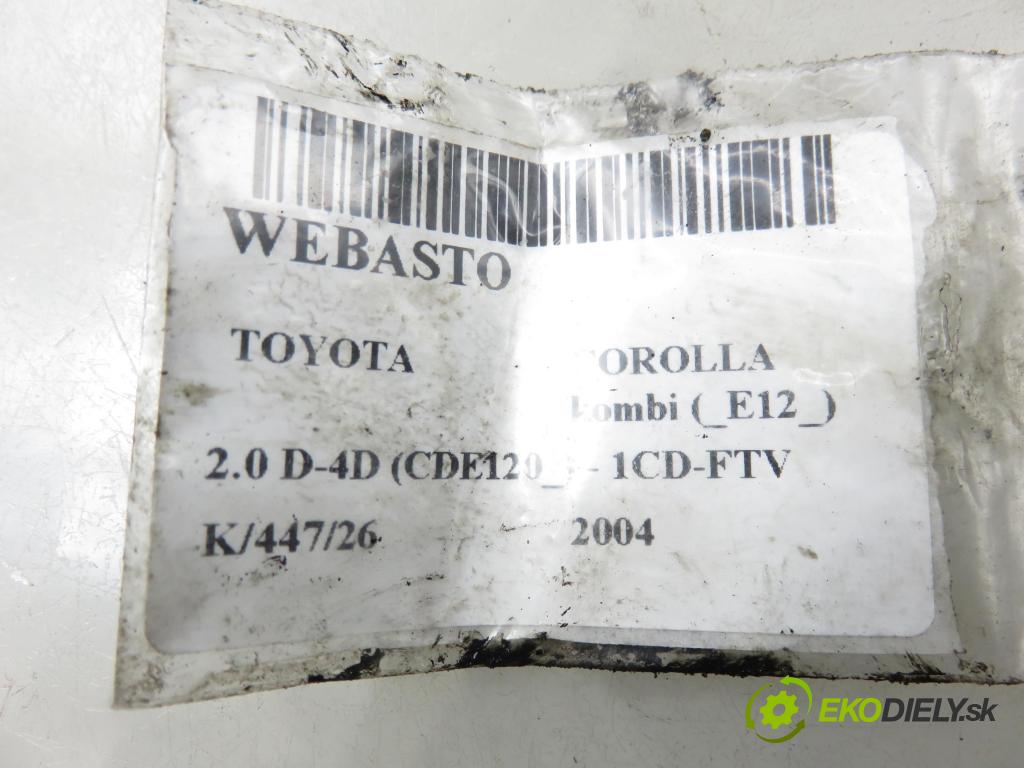 TOYOTA COROLLA kombi (_E12_) KOMBI 2004 66,00 2.0 D-4D (CDE120_) - 1CD-FTV 1995,00 Webasto D5WZ ; 25226102 (Webasto (nezávislé kúrenie))