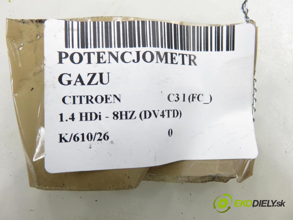 CITROEN C3 I (FC_) HB 2005 50,00 1.4 HDi - 8HZ (DV4TD) 1398,00 Potenciometer plynu 0260752251 ; 9646702180 ; F00C3E2429 (Potenciometer plynového pedálu)