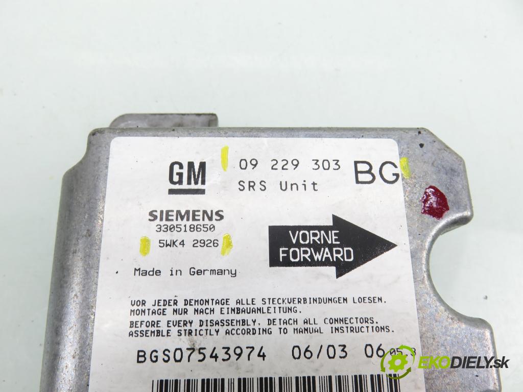 OPEL ZAFIRA A Nadwozie Wielkopojemne (MPV) (T98)  MINIVAN 2003 74,00 2.0 DTI 16V 101 - Y 20 DTH 1995,00 MODUL air BAG 09229303BG ; 5WK42926
