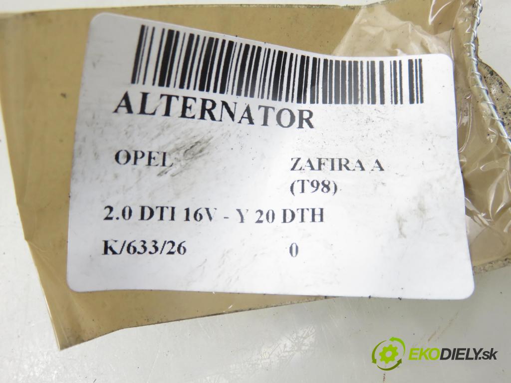 OPEL ZAFIRA A Nadwozie Wielkopojemne (MPV) (T98)  MINIVAN 2003 74,00 2.0 DTI 16V 101 - Y 20 DTH 1995,00 Alternátor 0124415005 ; 90561168 (Alternátor)