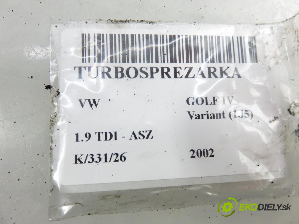 VW GOLF IV Variant (1J5) KOMBI 2002 96,00 1.9 TDI - ASZ 1896,00 RYCHLONABÍJEČKA: 038253016F (Kompletní turbodmychadlo)