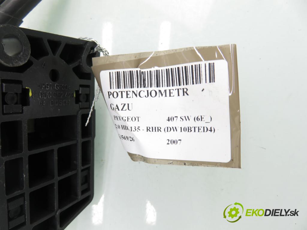 PEUGEOT 407 SW (6E_) KOMBI 2007 100,00 2.0 HDi 135 - RHR 1997,00 Potenciometer plynu 9650341780 ; 0280755012 ; F00C3E2429 (Potenciometer plynového pedálu)