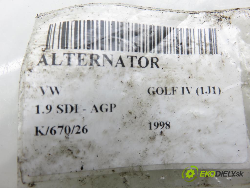 VW GOLF IV (1J1) HB 1998 50,00 1.9 SDI - AGP 1896,00 Alternátor 038903023J ; 0123515021 (Alternátor)