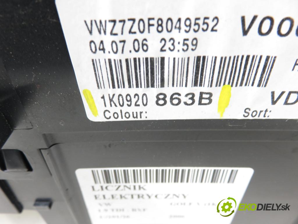 VW GOLF V (1K1) HB 2006 66,00 1.9 TDI - BXF 1896,00 Prístrojovka elektrický 1K0920863B